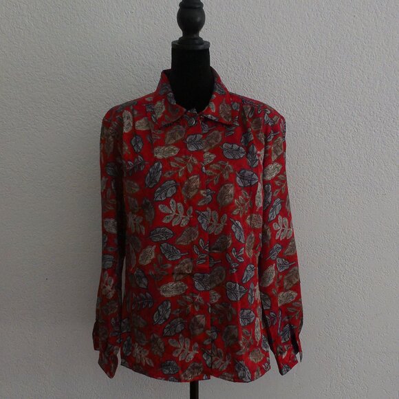 Red color blouse with golden leaves design, shiny - Picture 2 of 9